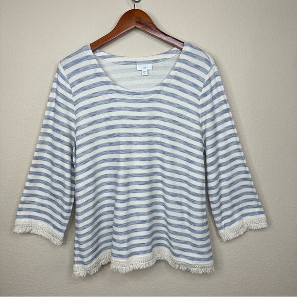 J.Jill Women’s  Size LP Striped Fringe Pullover Sweater  3/4 Sleeve Minimalist - Picture 14 of 14